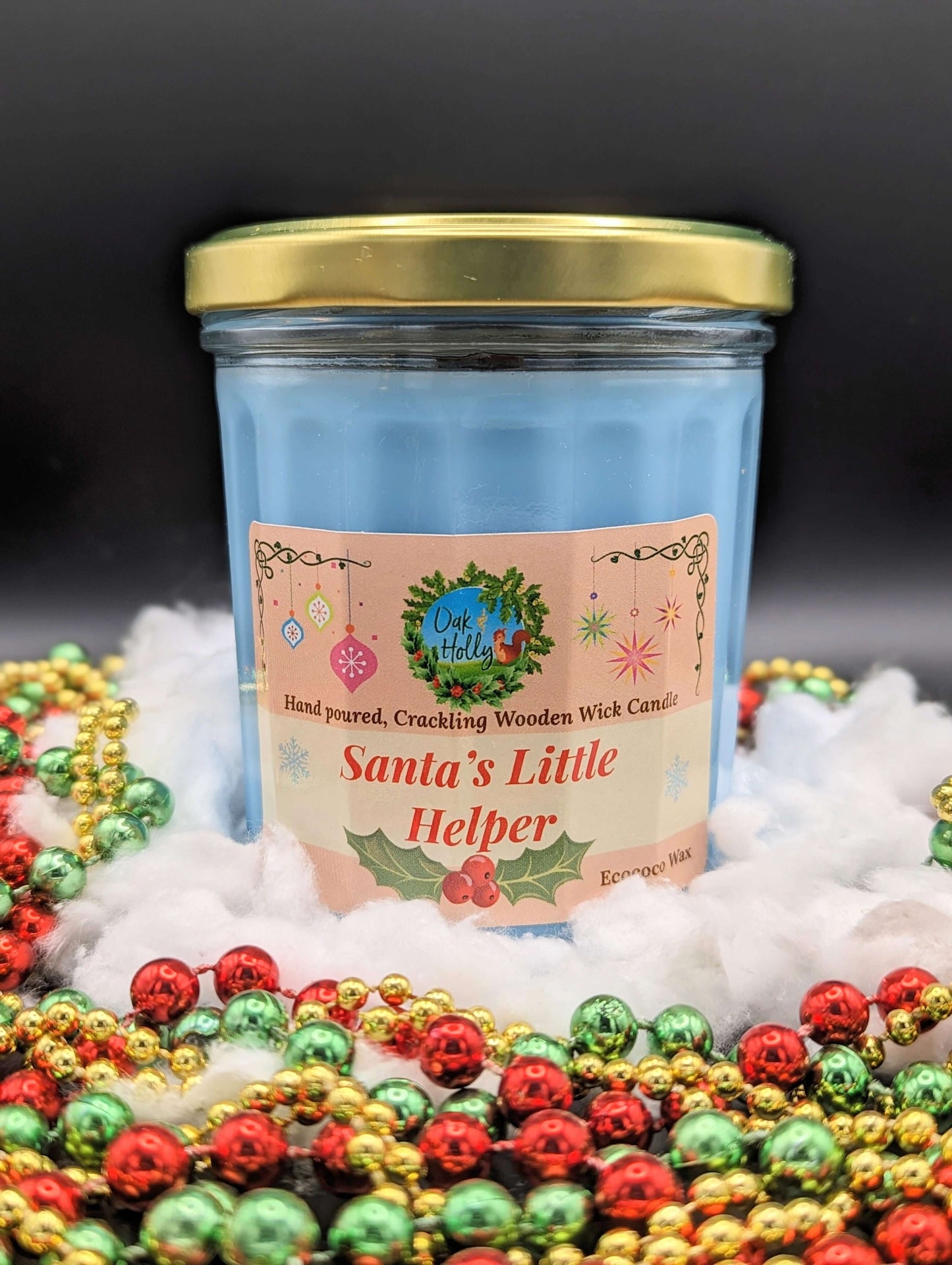 Santa’s Little Helper scented candle with wooden wick-Oak and Holly