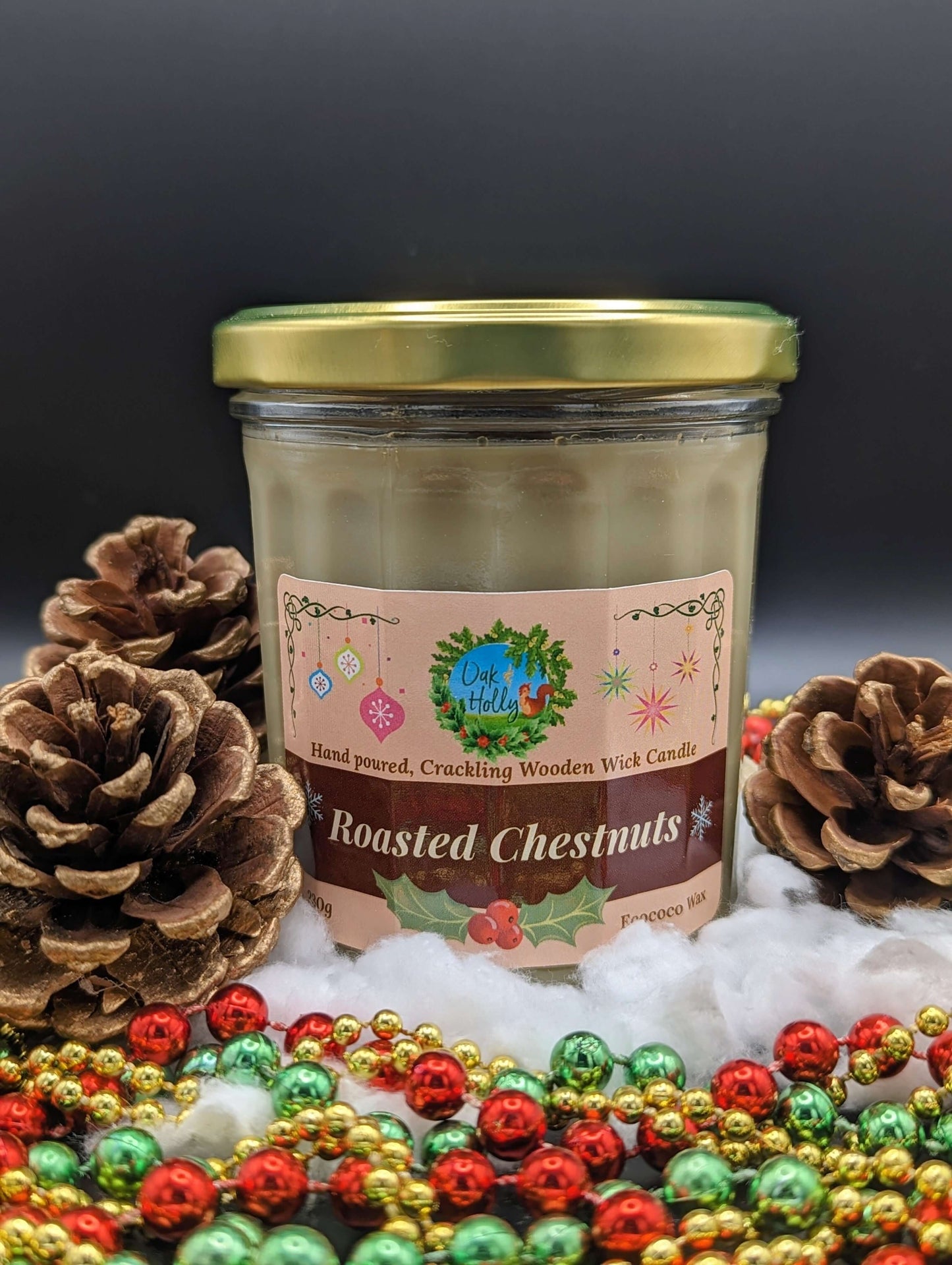 Roasted Chestnuts scented candle with wooden wick-Oak and Holly